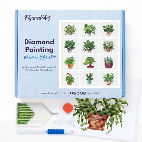 Figured'Art Mini Serie Diamond Painting Erwachsene - Pflanzen 2 - Premium-Box mit 12 Stück 15x18 cm 5D Bilder, Eckige Steine - DIY Set zum Basteln von Figured'Art