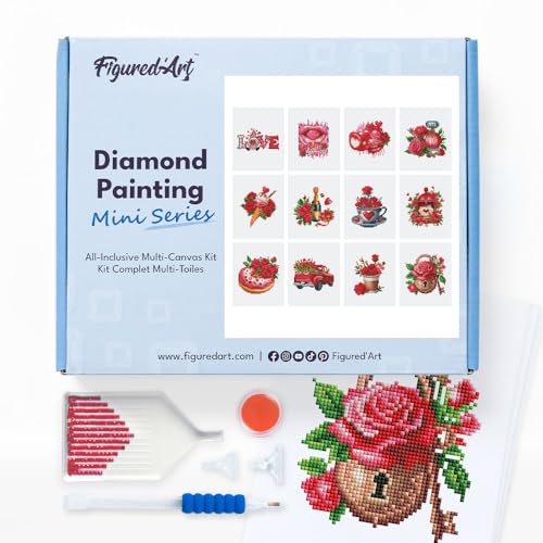Figured'Art Mini Serie Diamond Painting Erwachsene - Romantischer Valentinstag - Premium-Box mit 12 Stück 15x18 cm 5D Bilder, Eckige Steine - DIY Set zum Basteln von Figured'Art