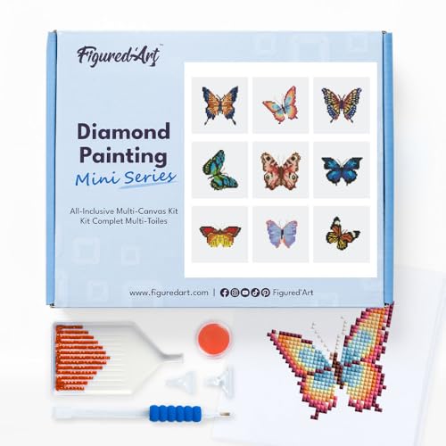 Figured'Art Mini Serie Diamond Painting Erwachsene - Schmetterlinge - Premium-Box mit 9 Stück 15x15 cm 5D Bilder, Eckige Steine - DIY Set zum Basteln von Figured'Art
