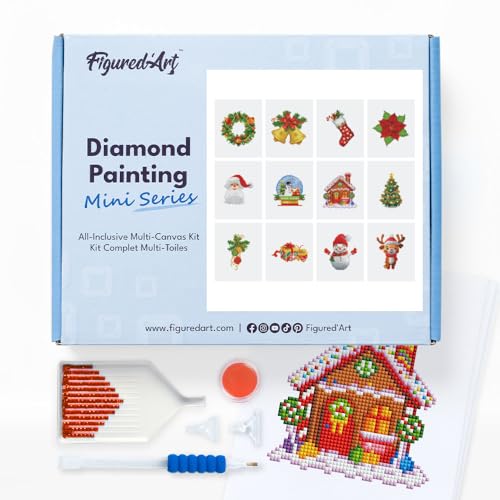 Figured'Art Mini Serie Diamond Painting Erwachsene - Weihnachten 2 - Premium-Box mit 12 Stück 15x18 cm 5D Bilder, Eckige Steine - DIY Set zum Basteln von Figured'Art