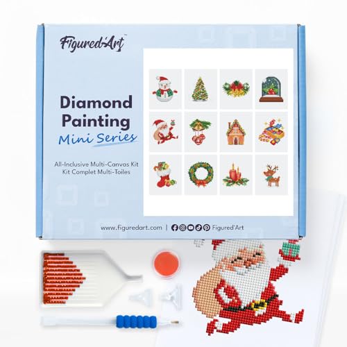 Figured'Art Mini Serie Diamond Painting Erwachsene - Weihnachten 3 - Premium-Box mit 12 Stück 15x18 cm 5D Bilder, Eckige Steine - DIY Set zum Basteln von Figured'Art