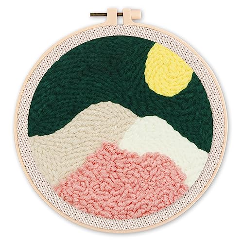 Figured'Art Punch Needle Set für Erwachsene - Stickerei, ideal für Anfänger - Bergspitzen - 20x20cm mit rundem Rahmen von Figured'Art
