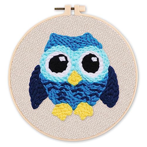 Figured'Art Punch Needle Set für Erwachsene - Stickerei, ideal für Anfänger - Blaue Eule - 20x20cm mit rundem Rahmen von Figured'Art