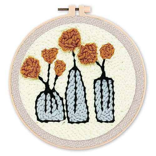 Figured'Art Punch Needle Set für Erwachsene - Stickerei, ideal für Anfänger - Blumen in Vasen - 20x20cm mit rundem Rahmen von Figured'Art