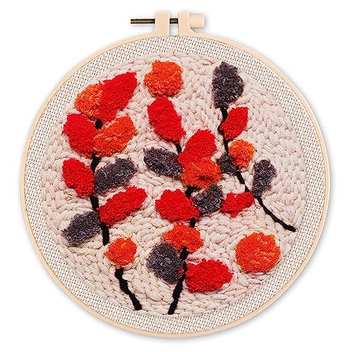 Figured'Art Punch Needle Set für Erwachsene - Stickerei, ideal für Anfänger - Bunte Zweige auf einem beigen Hintergrund - 20x20cm mit rundem Rahmen von Figured'Art