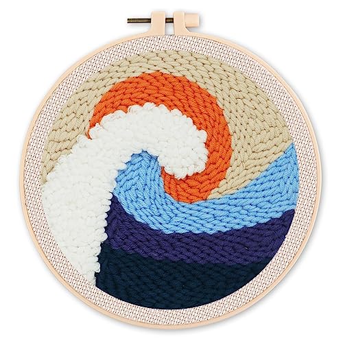 Figured'Art Punch Needle Set für Erwachsene - Stickerei, ideal für Anfänger - Die große Welle - 20x20cm mit rundem Rahmen von Figured'Art