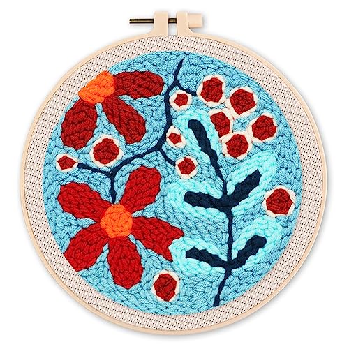 Figured'Art Punch Needle Set für Erwachsene - Stickerei, ideal für Anfänger - Ein Strauß roter Blumen - 20x20cm mit rundem Rahmen von Figured'Art