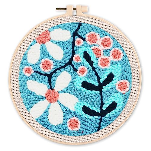 Figured'Art Punch Needle Set für Erwachsene - Stickerei, ideal für Anfänger - Ein Strauß weißer Blumen - 20x20cm mit rundem Rahmen von Figured'Art