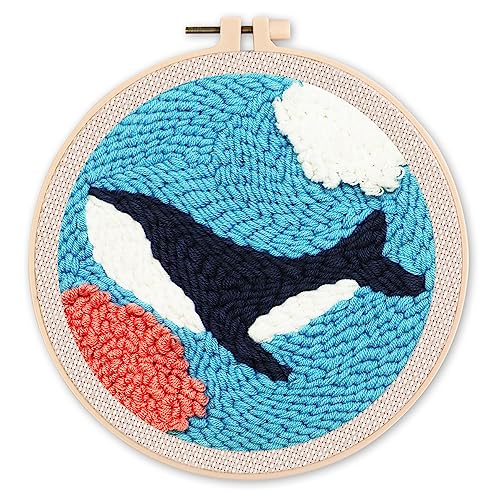 Figured'Art Punch Needle Set für Erwachsene - Stickerei, ideal für Anfänger - Orca im Meer - 20x20cm mit rundem Rahmen von Figured'Art
