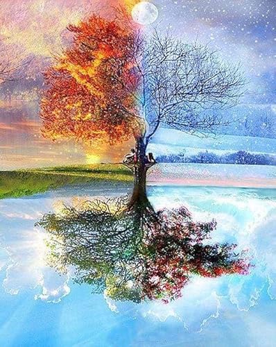 Figured'Art Vorgedrucktes Kreuzstich-Set 32x40cm - Baum in vier Jahreszeiten - Komplett vorgedruckte Baumwoll-Aida-Leinwand 11 CT - Perfekt für Erwachsene und Anfänger von Figured'Art