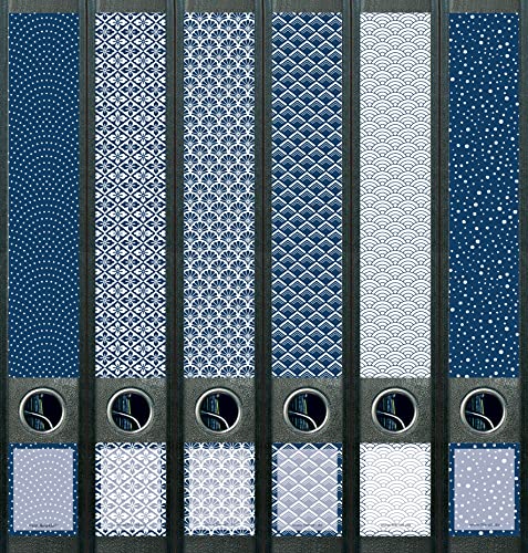 6er Set schmale Ordnerrücken Blue Pattern Muster Blau File Art Ordner Etiketten Deko, AJ2201 von File Art
