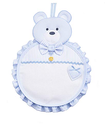 Filet - Geburtsband aus Baumwolle in Form eines Teddybären, mit Aida-Leinwand zum Sticken, Cockade vor der Tür Ideal zum Aufhängen, um die Geburt Eines Babys Anzukündigen, Made in Italy, Farbe Himmel von Filet