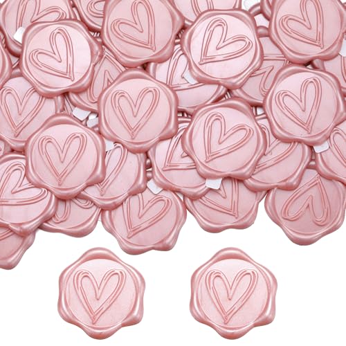 Filhome 50 Stück Wachssiegel Selbstklebend Herz Umschlagaufkleber Dekoration Sticker für Hochzeit, Einladungen, Geschenke, Briefe (Rosegold) von Filhome