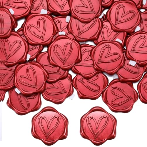 Filhome 50 Stück Wachssiegel Selbstklebend Herz Umschlagaufkleber Dekoration Sticker für Hochzeit, Einladungen, Geschenke, Briefe (Rot) von Filhome
