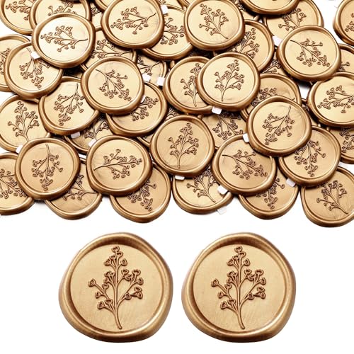 Filhome Wachssiegel Selbstklebend 50 Stück Pflanze Umschlagaufkleber Gold Siegelaufkleber Wachssiegelstempel Sticker für Hochzeit Einladung (Schleierkraut) von Filhome