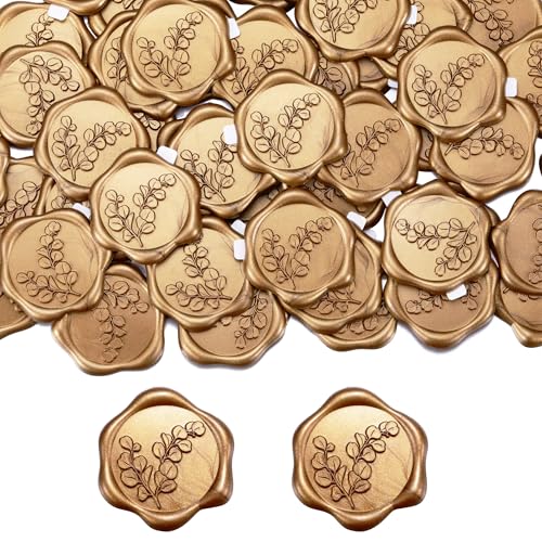 Filhome Wachssiegel Selbstklebend 50 Stück Pflanze Umschlagaufkleber Wachssiegelstempel Sticker Siegelaufkleber für Hochzeit Geburtstag Party (GOLD- Eukalyptus #1) von Filhome
