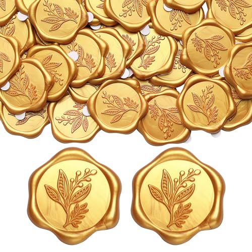 Filhome Wachssiegel Selbstklebend 50 Stück Umschlagaufkleber Wachssiegelstempel Sticker Siegelaufkleber für Hochzeit Geburtstag Party (Gold, Eukalyptus #1) von Filhome