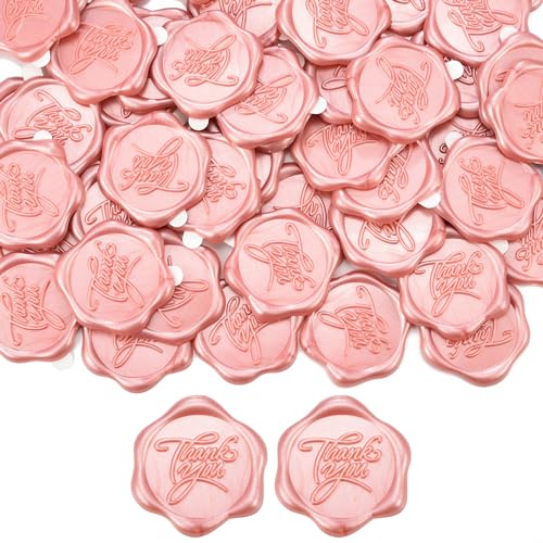 Filhome Wachssiegel Selbstklebend 50 Stück Umschlagaufkleber Wachssiegelstempel Sticker Siegelaufkleber für Hochzeit Geburtstag Party Einladung (Rosegold, Thank you) von Filhome
