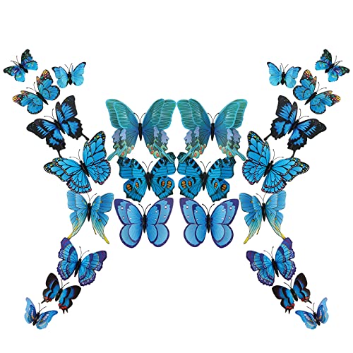 24 Stück 3D-Schmetterlings-Wanddekoration, Doppelschicht-Stereo-Schmetterlings-Wandaufkleber, abnehmbar, ideal für Partydekorationen zu Hause, Schlafzimmer (blau) von Fililogor