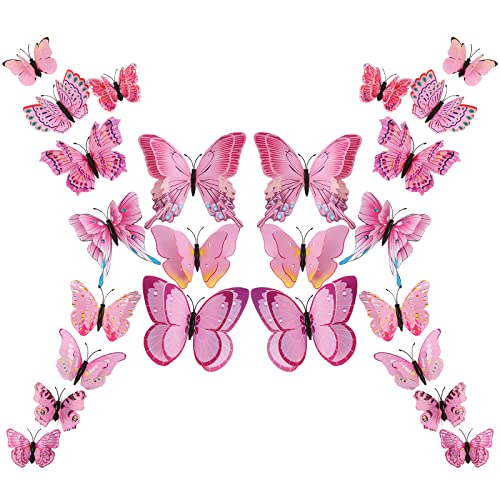 24 Stück 3D-Schmetterlings-Wanddekoration, Doppelschicht-Stereo-Schmetterlings-Wandaufkleber, abnehmbar, ideal für Partydekorationen zu Hause (Rosa) von Fililogor
