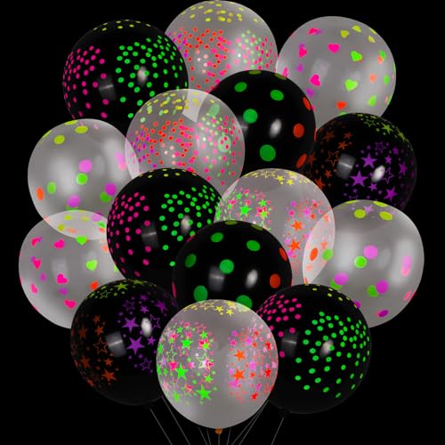 35 Stück Neon Luftballons, Schwarzlicht Deko Leuchtende Luftballons Neon Party Dekorationen Fluoreszierend Ballon Liebe Sterne Punkte Ballons Leuchten in der Nacht von Fililogor