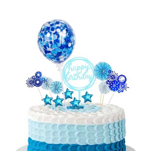 Geburtstagstorte Dekorationen, 9 Stück Blau Happy Birthday Cake Topper, Bunte Ballons Feuerwerk Kuchen Topper Junge Mädchen Party Dekorationen von Fililogor