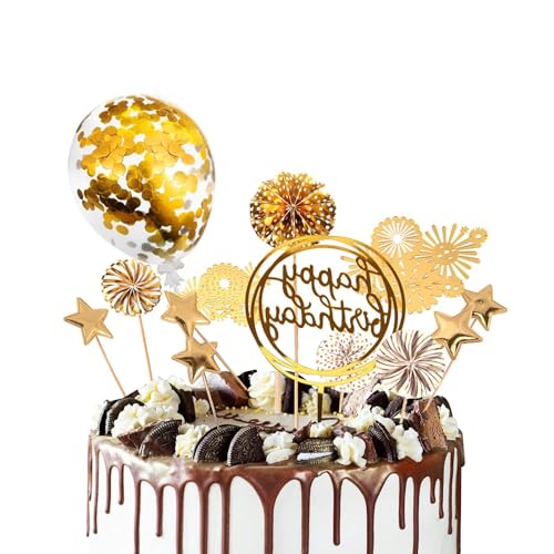 Geburtstagstorte Dekorationen, 9 Stück Gold Happy Birthday Cake Topper, Bunte Ballons Feuerwerk Kuchen Topper Junge Mädchen Party Dekorationen von Fililogor