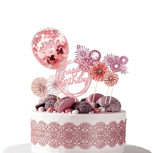Geburtstagstorte Dekorationen, 9 Stück Rosa Gold Happy Birthday Cake Topper, Bunte Ballons Feuerwerk Kuchen Topper Junge Mädchen Party Dekorationen von Fililogor