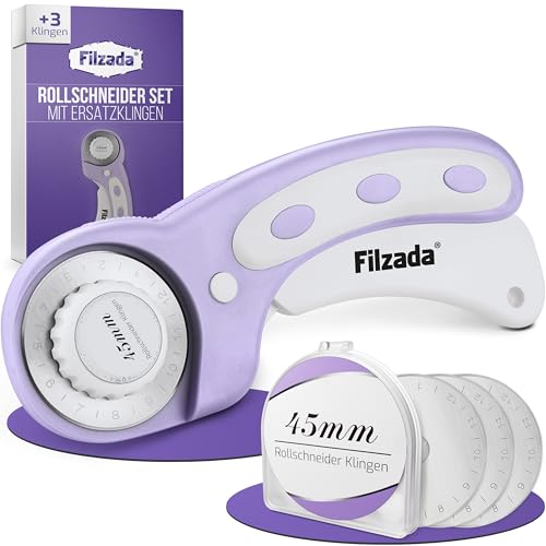 Filzada® PROFI Rollschneider Stoff - Set mit 3x Rollmesser ⌀ 45mm - Rotary Cutter mit ULTRA scharfen Klingen - Rollenschneider Stoff - Rollschneider Papier - Stoffschneider von Filzada