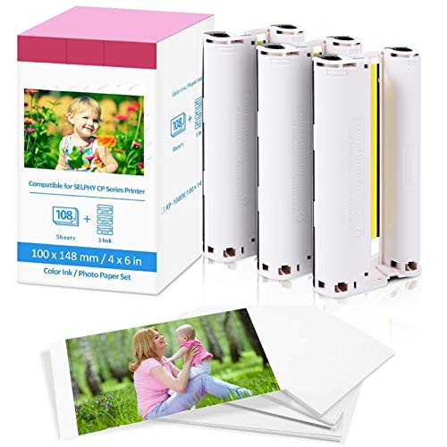 Fotopapier 10x15 Ersatz für Canon Selphy cp1500 CP1300 CP1200 CP910 CP1000 Fotodrucker 3 Patronen und Fotopapier KP-108IN 3115B001(AA) Kompatibel mit Canon Selphy CP, A6 (100 x 148 mm) von Fimax Tech