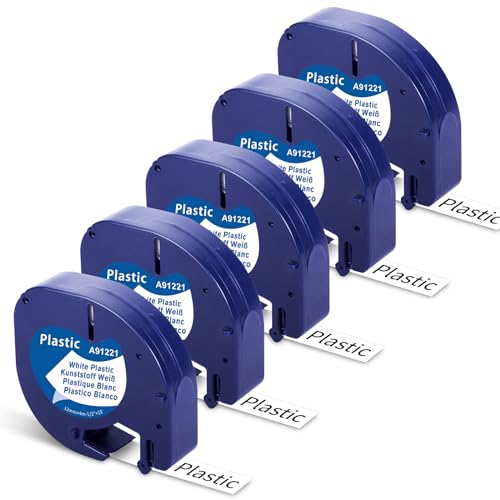 5X Fimax 91221 Bänder kompatible für Dymo LetraTag Etikettenband, 12mm x 4m Schriftband Schwarz auf Weiß Kunststoff, für LT-100H LT-100T XR 200B XM von Fimax Tech