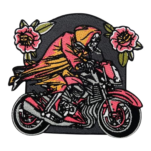 Patch zum Aufbügeln - Geister Biker | Motorrad Kutte Patches, Totenkopf Aufbügler, Motorcycle Rückenpatch mit Blumen, Großer Aufnäher für Weste Finally Home von Finally Home