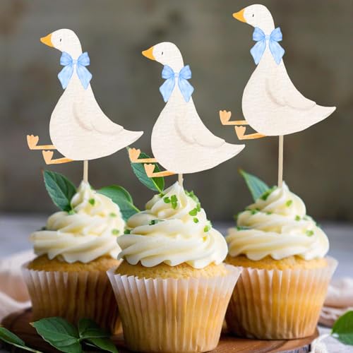 30 Stück alberne Gänse-Cupcake-Topper für Geburtstag, weiße Gans, Babyparty-Themen-Dekorationen, Partyzubehör für Kuchendekorationen, Geburtstagsparty-Zubehör (blaue Schleife) von Finduat
