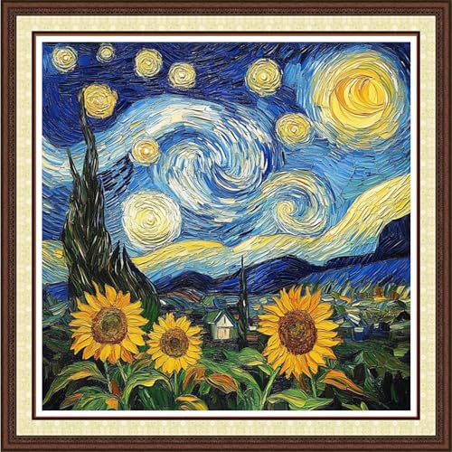 Findvoor Kreuzstich-Set für Erwachsene, vollständige Palette von Kreuzstich-Stickereien, unbedrucktes Muster für Anfänger, 11-fädiges Nadelspitzen-Set, Stickset, Van Gogh Sternenhimmel, 45,7 x 45,7 cm Findvoor Kreuzstich-Set für Erwachsene, vollständige Palette von Kreuzstich-Stickereien, unbedrucktes Muster für Anfänger, 11-fädiges Nadelspitzen-Set, Stickset, Van Gogh Sternenhimmel, 45,7 x 45,7 cm von Findvoor