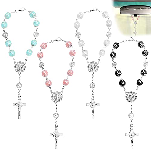 4 Stück Rosenkranz-Perlen, katholisch, FineGood Kreuz, Autospiegel, Hängezubehör für Frauen, Segen, Rückspiegel-Anhänger, Auto-Dekoration, Innenraum von FineGood