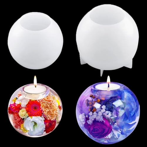 FineInno 2 Stück Kerzenhalter Silikonform Epoxidharz, Kugel Teelichthalter Gießformen, Candle Holder Resin Molds, Kerzenständer Epoxidharz Formen für DIY Dekoration (2 Pcs Sphere Mold) von FineInno