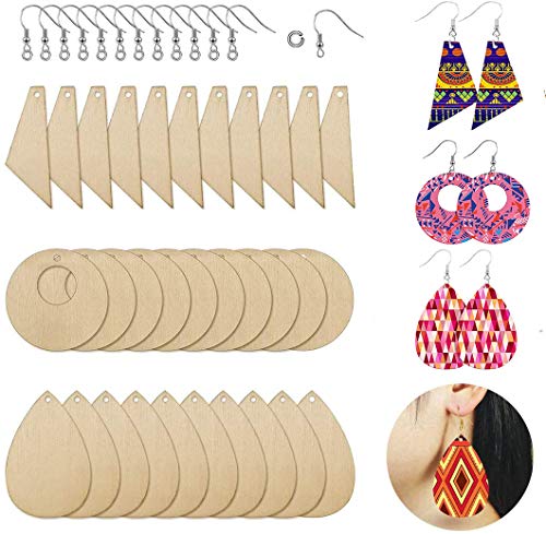 FineInno 60 Pcs Blank Form Holz Unfinished Wooden Disc Unbehandeltes Runde Holz Ornament Hölzerne Tropfenförmige Ohrringe mit Loch für DIY Handwerk (Unbehandeltes Holz) von FineInno