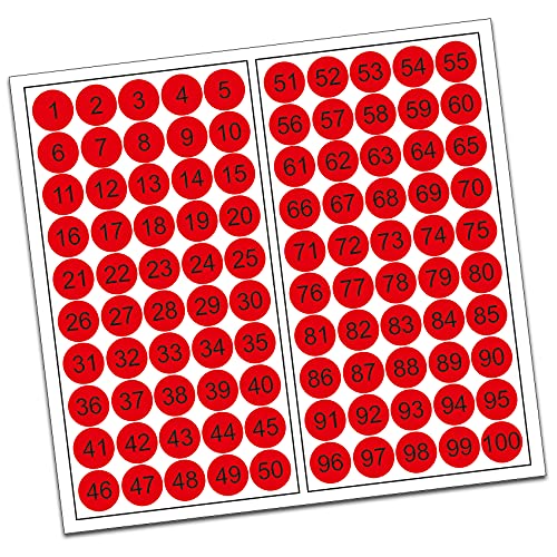100 PVC Kreise nummeriert 1-100 15mm Klebepunkte von Finest-Folia Aufkleber Folie (R013 Rot) von Finest Folia