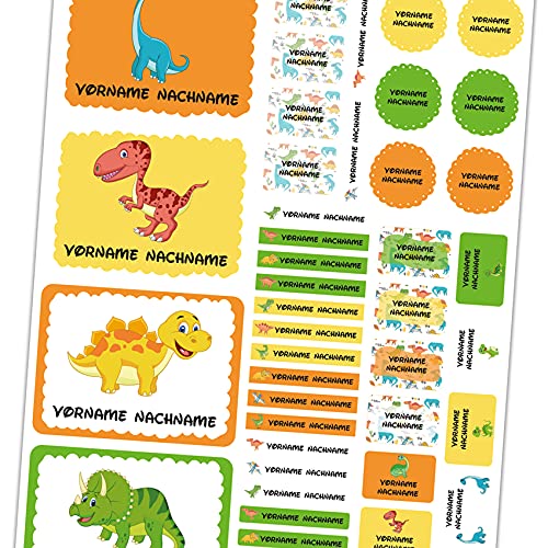 50 x Namensaufkleber mit Wunschname personalisiert Aufkleber Set mit Kinder Name Beschriftung Schule Kindergarten Kleidung Sticker wasserfest (05 Dinos) von Finest Folia