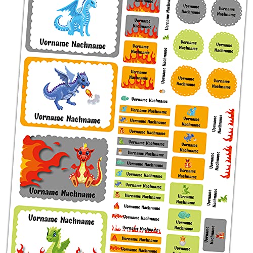 50 x Namensaufkleber mit Wunschname personalisiert Aufkleber Set mit Kinder Name Beschriftung Schule Kindergarten Kleidung Sticker wasserfest (06 Drachen) von Finest Folia