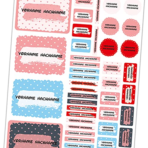 50 x Namensaufkleber mit Wunschname personalisiert Aufkleber Set mit Kinder Name Beschriftung Schule Kindergarten Kleidung Sticker wasserfest (09 Herzen) von Finest Folia
