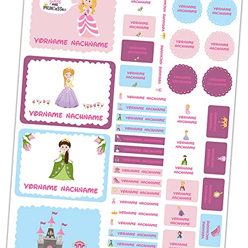 50 x Namensaufkleber mit Wunschname personalisiert Aufkleber Set mit Kinder Name Beschriftung Schule Kindergarten Kleidung Sticker wasserfest (13 Prinzessin) von Finest Folia