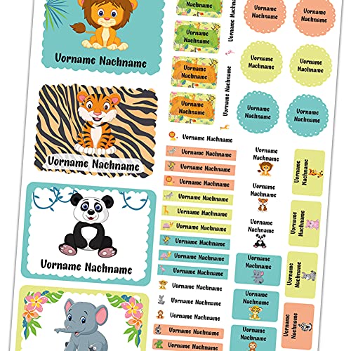 50 x Namensaufkleber mit Wunschname personalisiert Aufkleber Set mit Kinder Name Beschriftung Schule Kindergarten Kleidung Sticker wasserfest (19 Zootiere) von Finest Folia