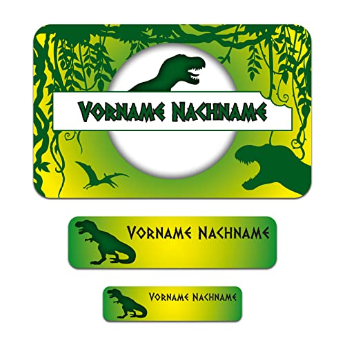 50 x personalisierte Namensaufkleber Sticker mit Wunschname Klebeetiketten zum Markieren Stifte Hefte mit Kinder Name Schule Kindergarten Aufkleber Set (01 Dinos) von Finest Folia