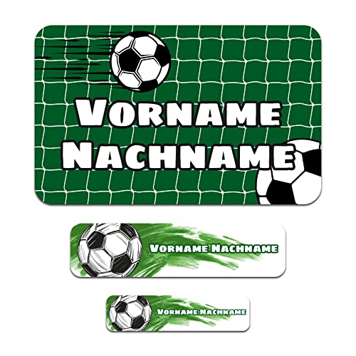 50 x personalisierte Namensaufkleber Sticker mit Wunschname Klebeetiketten zum Markieren Stifte Hefte mit Kinder Name Schule Kindergarten Aufkleber Set (02 Fußball) von Finest Folia