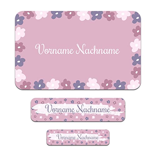 50 x personalisierte Namensaufkleber Sticker mit Wunschname Klebeetiketten zum Markieren Stifte Hefte mit Kinder Name Schule Kindergarten Aufkleber Set (10 Blumen) von Finest Folia