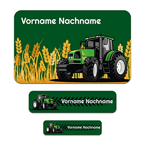 50 x personalisierte Namensaufkleber Sticker mit Wunschname Klebeetiketten zum Markieren Stifte Hefte mit Kinder Name Schule Kindergarten Aufkleber Set (15 Traktor) von Finest Folia