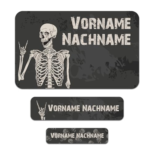 50 x personalisierte Namensaufkleber Sticker mit Wunschname Klebeetiketten zum Markieren Stifte Hefte mit Kinder Name Schule Kindergarten Aufkleber Set (39 Skull) von Finest Folia