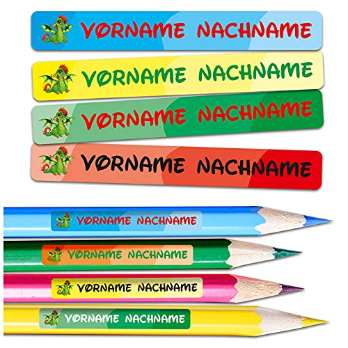 60 x Namensaufkleber Wunschname personalisiert je 4,5x0,6cm Aufkleber mit Kinder Name Beschriftung Schule Kindergarten Stifte Sticker (Nr. 04 Drache, Für schmale Oberflächen) von Finest Folia