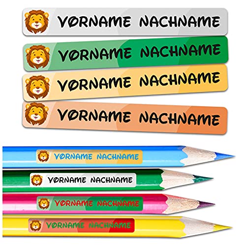 60 x Namensaufkleber Wunschname personalisiert je 4,5x0,6cm Aufkleber mit Kinder Name Beschriftung Schule Kindergarten Stifte Sticker (Nr. 05 Löwe, Für schmale Oberflächen) von Finest Folia